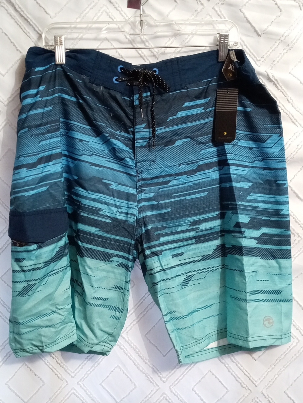 Ocean Current Blue Teal Gradient Striped Men's Board Shorts